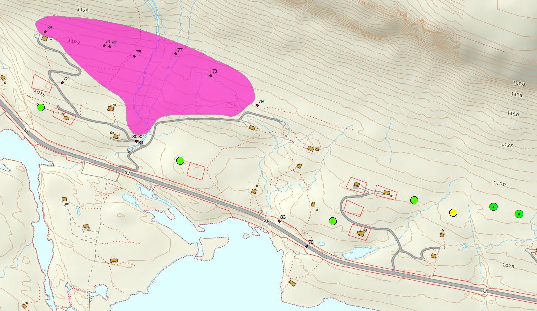 Hytter med liten konsekvens for naturmiljøet (grønn), rasutsatte hytter (grønn med prikk) og hytte med atkomst som kan berøre bekkedrag (gul).