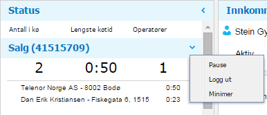 3.1. Statusfelt Hensikten med statusfeltet er å gi operatøren en oversikt over hvordan håndteringen av køen(e) foregår. Det vises et statusfelt for hver kø operatøren er logget inn på.