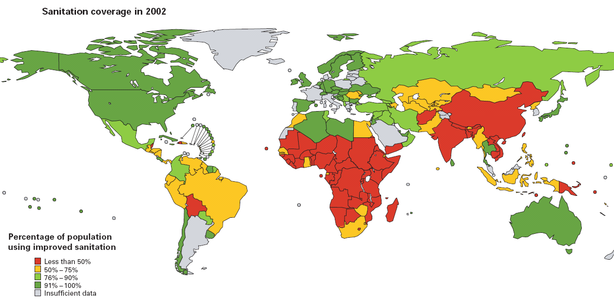 Sanitær-forholdene i verden 6 < 50 % med akseptabel