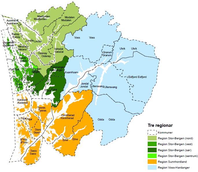 Figur 3 Regioninndeling for vidaregåande skular i Hordaland Opplæringstilbod Vidaregåande skular Skular i kvar region, med elevtal og tal på tilsette i vidaregåande skular er vist i tabell 3 neste