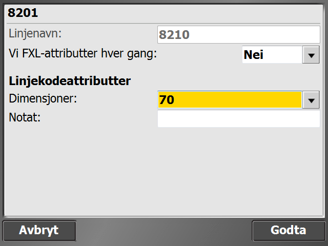 Da er det klart til å måle inn en vannledning. mange av kodene har attributter tilknyttet koden, så når man velger en kode og trykker mål, så vil man få flere valg.