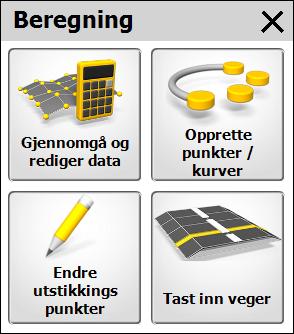 Sletting av data er også tilgjengelig i beregningsmenyen. For å komme inn i beregninger brukes Hjem knappen, og beregning. Undermenyene er består av 4 valg.