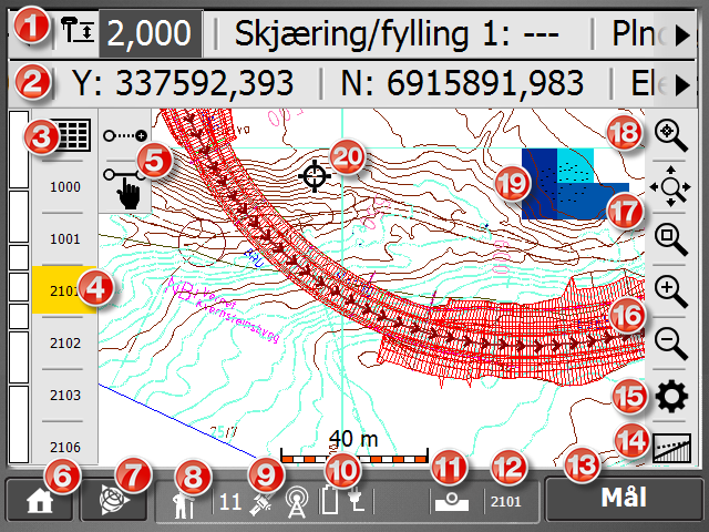 1. Verktøylinje 1 2. Verktøylinje 2 3. Full kodeliste 4. Aktiv kode blant de 6 valgte 5. Offsetvalg 6. Hjem - til oppsett av rover/totalstasjon/beregninger osv 7. Trimblerose - til innstillinger 8.