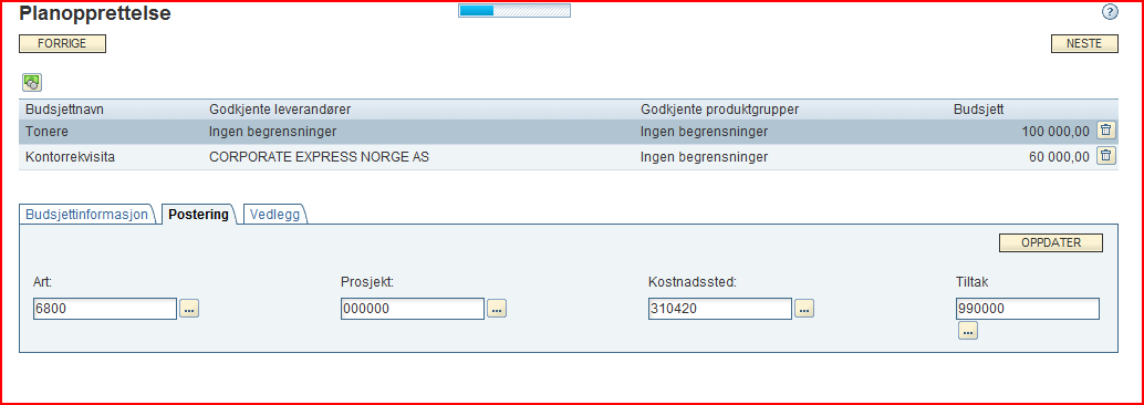 Under fanen Kontering på samme side, kan du legge inn hvilken art, kostnadssted, prosjekt og tiltak som skal dukke opp på