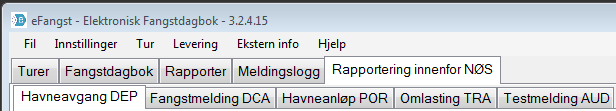Rapporter/meldinger ved fiske i Norge Menylinjen Melding om Havneavgang DEP Kan sendes før avgang fra havn Senest 2 timer etter avgang Havneanløp POR Senest 2 timer før anløp i havn eller snarest