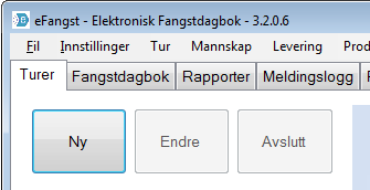 Opprette en ny tur (1/3 Viktig informasjon om tur-begrepet i efangst 1. Klikk på skillearket Turer og deretter på knappen Ny.