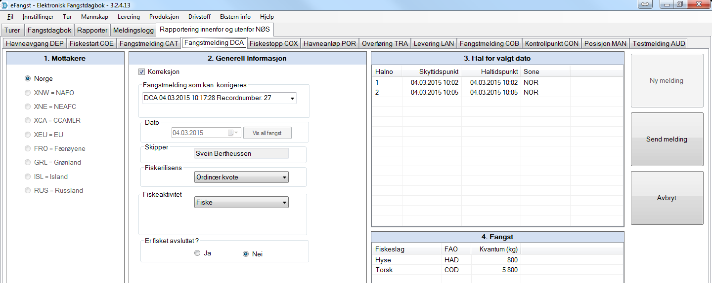 Sende korrigert fangstmelding 1. Klikk DCA til Direktoratet på forrige side.