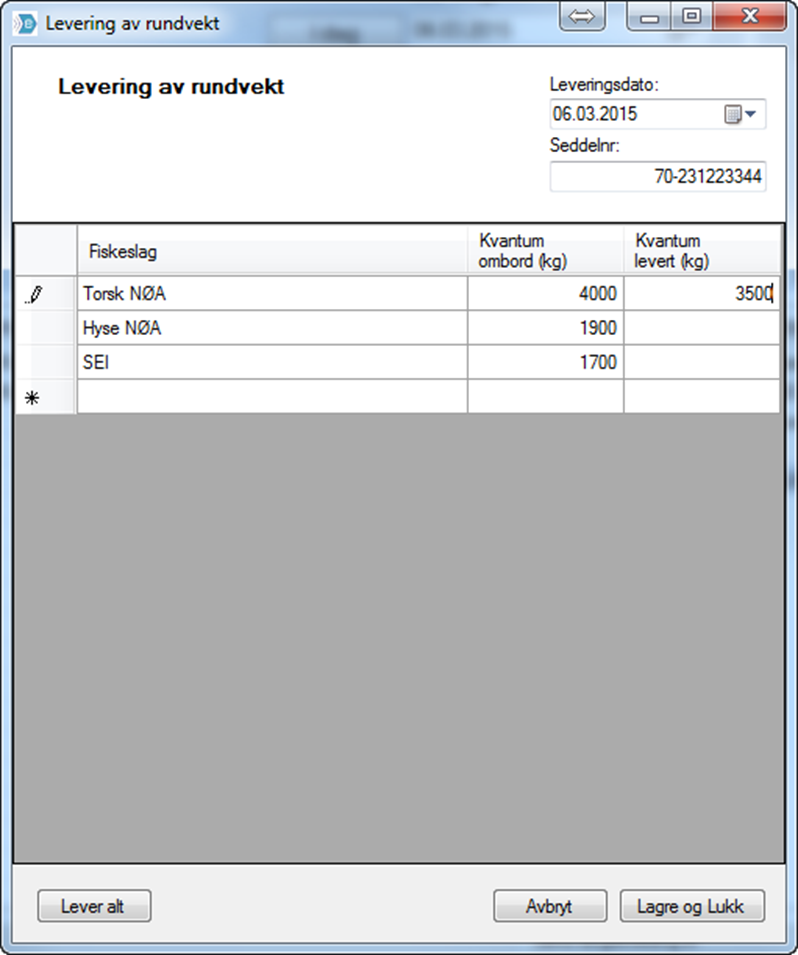 Registrere levering Dersom du skal levere bare deler av fangsten og enten skal gå ut å fiske mer eller gå til en annen havn for å levere resten, vil du med fordel kunne bruke funksjonen Levering i