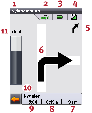 - 21-2.4.7 Stanse målføringen Med denne funksjonen kan du avbryte den aktuelle ruteføringen og slette ruten fra minnet. 2.5 Visning Under ruteføringen kan du bytte mellom ulike visninger: 2.