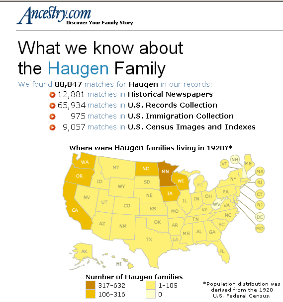 38 Like under overskrifta kjem alle treffa (88 847) på Haugen i dei dokumentarkiva som firmaet ancestry.
