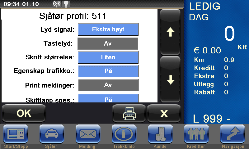 I sjåførprofilen bestemmer den enkelte sjåfør hvordan viktige oppsett skal være. Piltastene flytter deg opp eller ned i bildet. OK lagrer.