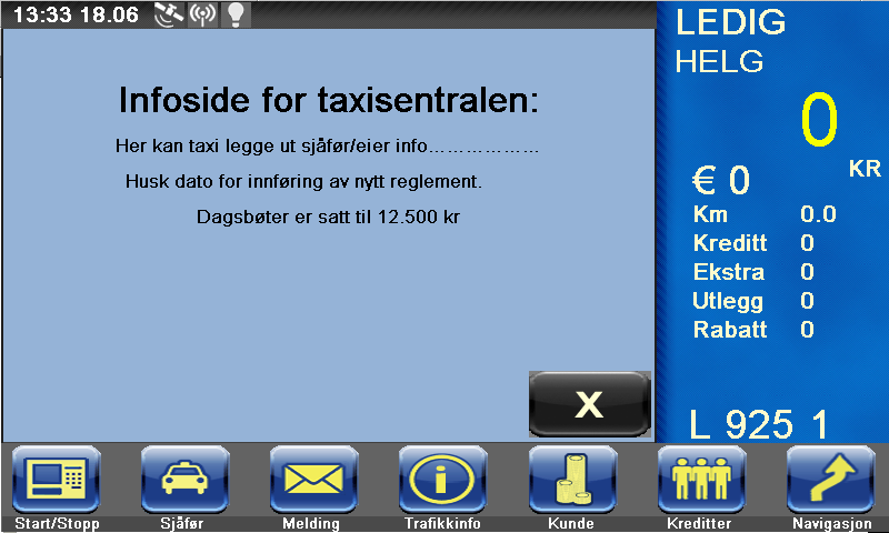 HENT TERMINAL ID. Laster ned terminalens ID fra BBS. Prosessen tar kort tid, og teksten Henter Terminal ID vises på taksameterskjermen. DAGSAVSLUTNING. Foretar dagsavslutning mot BBS.