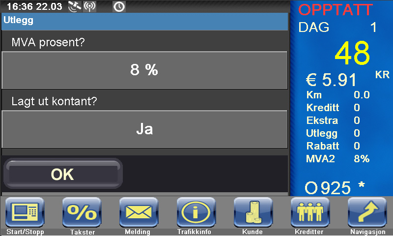 Mva og betalingsform ved utlegg. Bompenger Etter at beløpet for bompenger er tastet inn, er det kun spørsmålet om beløpet er lagt ut kontant eller ikke det skal svares på.