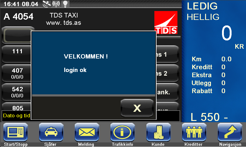 Etter at alle nødvendige data er lagt inn, vises et vindu som angir hvilken sjåfør som logges inn.