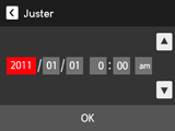 Innstilling av kameraets klokke (Juster) Prosedyre MENU * Innstillinger * Juster 1. Trykk på verdien du ønsker å endre (år, måned, dag, timer, minutter). 2.