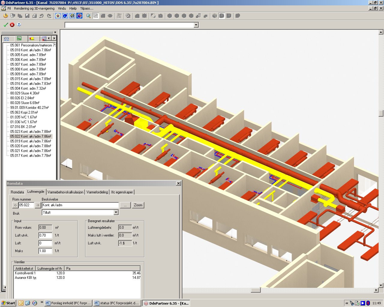 4.3 Modellering og prosjektering i DDS Romdata som er hentet fra ARK-modell Data som blir lagt i IfcSpace (rommet) etter at vi har gjort vår modellering og beregning VVSinstallasjoner med