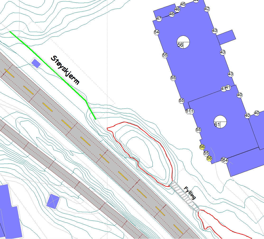 Støyvurdering Furulund- Brevikåsen 15 4.2.1 Skjermingstiltak Beregning med skjermingstiltak i form av fylling/skjerm er vist i vedlegg F og G, henholdsvis 4 og 1,5 meter beregningshøyde.