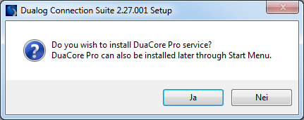 Oppgradere Connection Suite 1. Dobbeltklikk på Fil nr 1 Core_Setup_Connection Suite 2.27.001 som vist under. 2. Klikk Ja i dialogboksen under hvis PC-en har antivirus fra Dualog. 3.