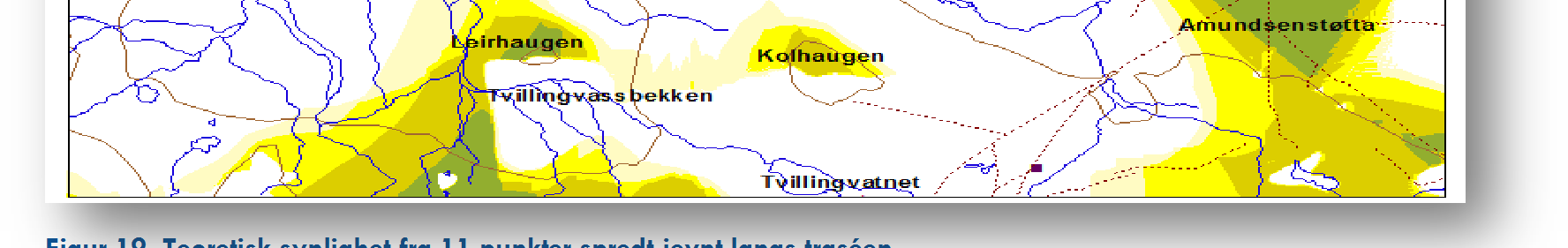 Figur 19. Teoretisk synlighet fra 11 punkter spredt jevnt langs traséen Kartet over viser teoretisk synlighet fra 11 punkter spredt jevnt langs traséen.