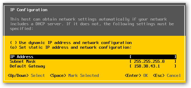 Trykk deretter F2 igjen. Her skal vi Configure Mangament Network. Figur 10 Velg deretter IP Configuration og at vi ønsker å benytte Static IP. Skriv inn IP-adresseinformasjon mottatt pr. epost.