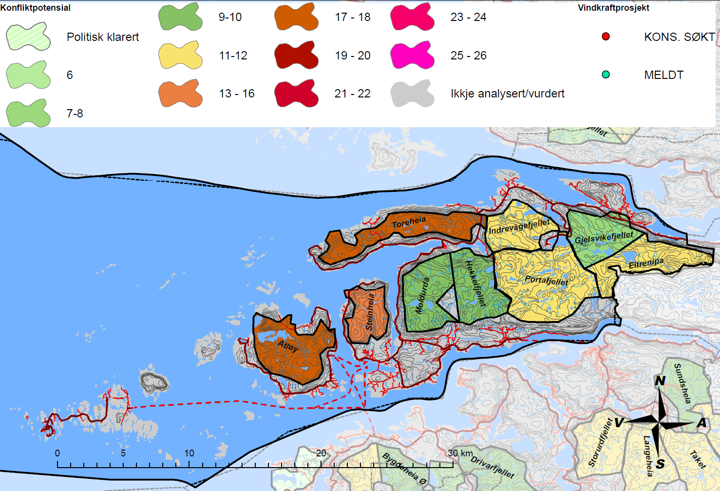 Figur 3.4.1 Samla konfliktpotensial; Askvoll 3.5 Fjaler-Åfjord Delområdet omfattar Fjaler kommunen samt nordlege delar av Hyllestad (nord for Hyllestadfjorden og Espeland) 3.5.1 Kartlagde verdiar Landskap Vilnesfjorden og Åfjorden er registrerte som landskapssamanhengar av regional verdi.