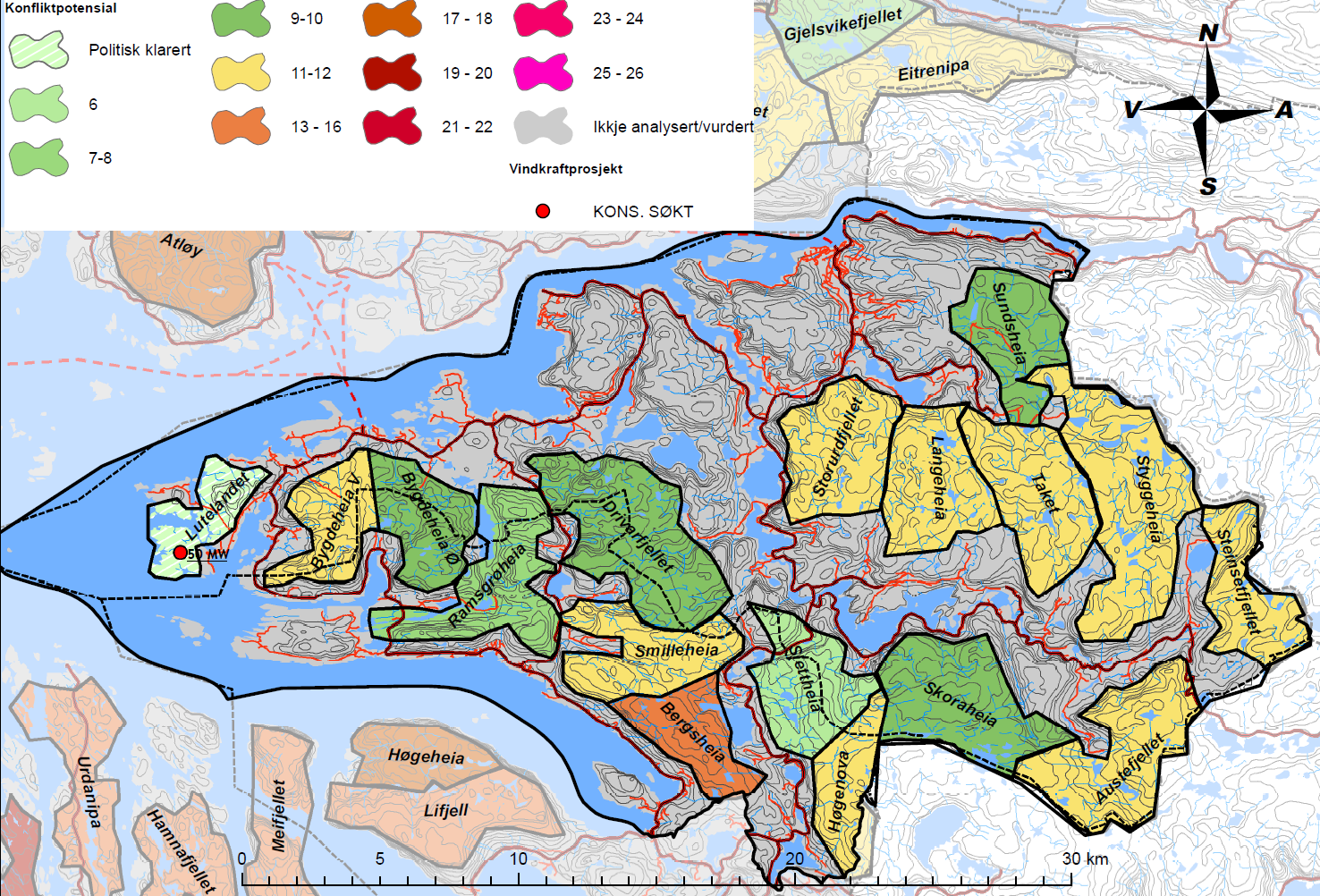 Figur 3.5.1 Samla konfliktpotensial; Fjaler-Åfjord 3.6 Solund-Lifjord Området omfattar Solund kommune og sørlege delar av Hyllestad (sør for Hyllestadfjorden og Espeland). 3.6.1 Kartlagde verdiar Landskap Solund og Åfjorden er registrert som landskapssamanhengar av regional verdi.