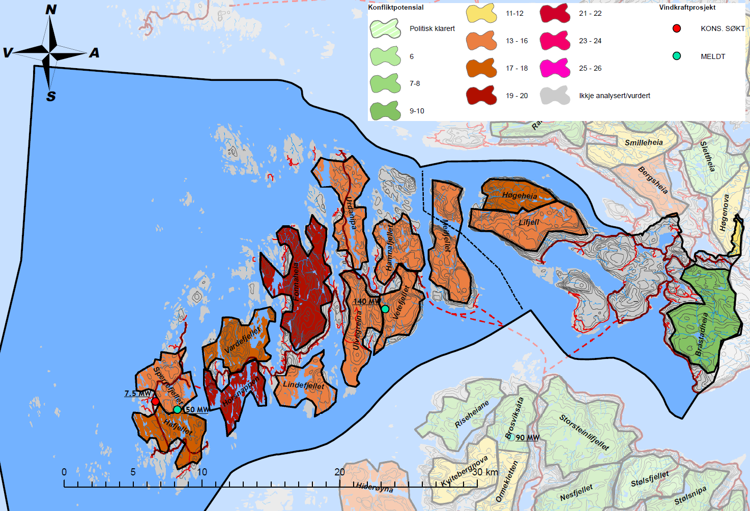 Figur 3.6.4 Samla konfliktpotensial; Solund-Lifjord 3.7 Gulen Delområdet svarar til Gulen kommune. 3.7.1 Kartlagde verdiar Landskap Molde-Slengeshol er registrert som kulturlandskap av regional verdi.