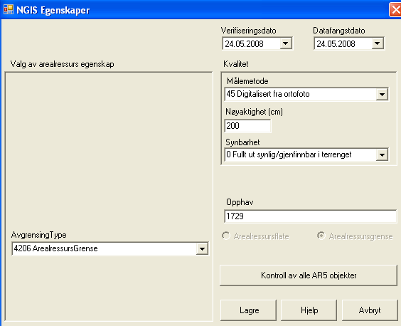 4.2. Rediger egenskaper Egenskaper redigeres direkte på AR5grenser og AR5flater i egen operasjon eller i en deloperasjon ved opprettelse (digitalisering) av nye objekt.