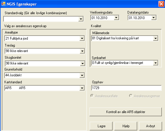 4.2.2. REDIGER EGENSKAPER FOR AR5FLATE Rediger etter behov egenskapene, Artype, Artreslag, Arskogbon Argrunnf, Datafangstdato, Verifiseringsdato, Målemetode, Synbarhet, og Opphav.