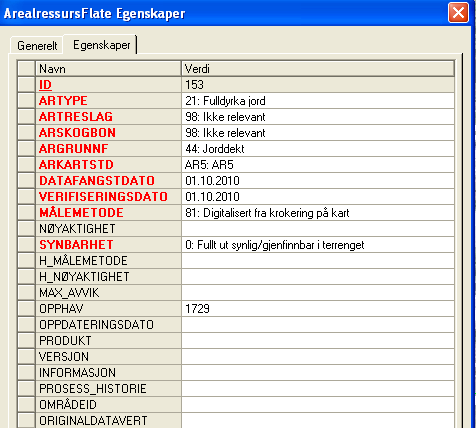 Alternativ 2: Velg først aktuell AR5flate og velg deretter Utvalgsegenskaper fra høyreklikk-menyen. Endre egenskaper etter behov. Egenskaper i rødt er obligatoriske egenskaper.