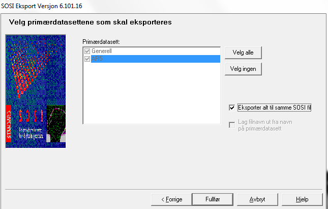 Eksporter alle primærdatasett til samme SOSI-fil. Trykk knapp Fullfør.