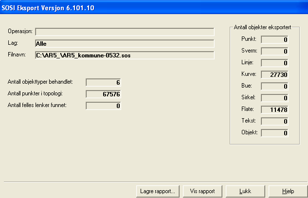 SOSI-eksport er ferdig: Trykk OK og lagre dokumentasjon av eksporten, knapp Sjekk rapportfila.