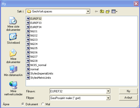 3.3. Start et nytt GeoProsjekt Velg meny Fil Nytt GeoProsjekt. Velg GeoProsjekt-mal i samme koordinatsystem som koordinatsystemet til AR5-basen som ajourholdes.