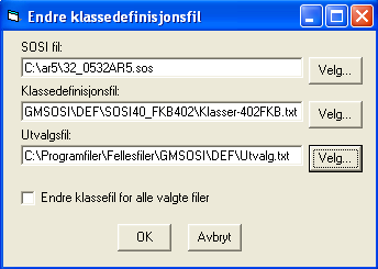 3.7. Importer AR5 fra SOSI til AR5 dataforbindelse Gå til meny NOIS Kommandoer SOSI - Import SOSI. Velg AR5 SOSI-fil fra knapp Velg filer. Sjekk klassefil fra knapp, Endre klassefil.