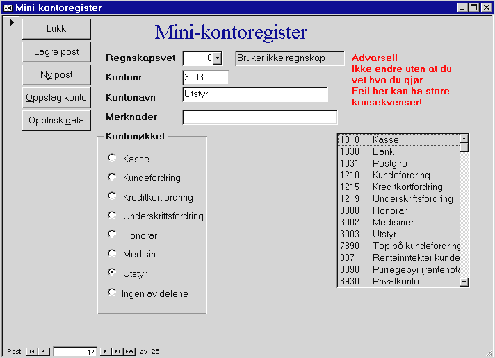 2.2 Kontoer ProfVet Hest har et lite kontoregister til bruk for regnskapet. Programmet leveres med ferdig utfylte kontoer.