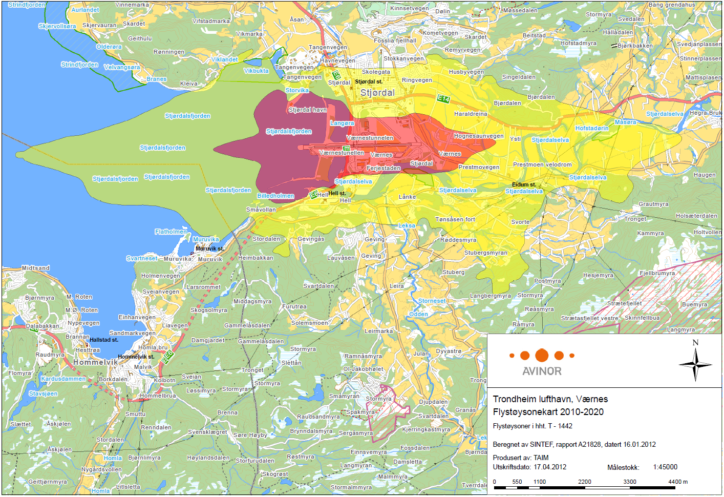 offisielle flystøysonekartet være en kombinasjon av beregnede støysoner for dagens situasjon (2010)