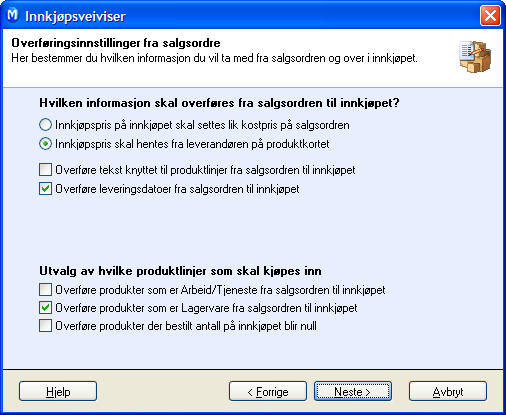 INNKJØP Klikk Neste. Steg 2: Dette steget er bare aktuelt om det allerede eksisterer en ubehandlet salgsordre på kunden: Velg hvilke(n) leverandør(er) du skal kjøpe produktene fra. Klikk Neste. Steg 3: I dette vinduet velger du hvilken informasjon du vil ta med deg fra salgsordren til innkjøpet.