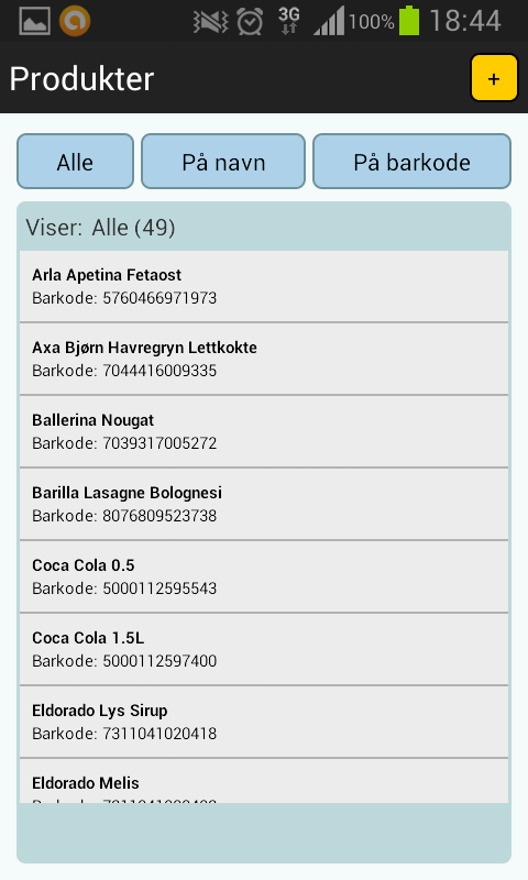 PRODUKTER Når man trykker på «Produkter» i menyen kommer man til denne skjermen. Her lastes automatisk 20 produkter og legges inn i listen.