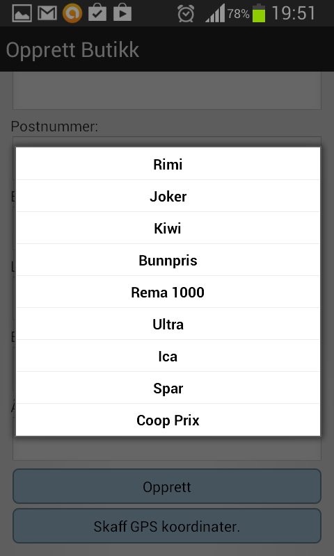 Når man skal velge butikkjede og postnummer får man opp lister med alternativer. Butikkjedene er hardkodet i aktiviteten og postnummer er hentet fra databasen.