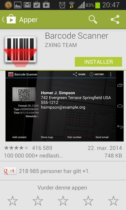Trykkes det på ja, åpnes «Barcode Scanner : ZXING TEAM» rett i Google Play Store.