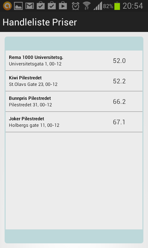 HANDLELISTE PRISER Denne listen viser hva totalsummen blir for alle produktene i handlelisten i de ulike butikkene. Listen vil kun vise butikker som har alle varene og registrert pris.