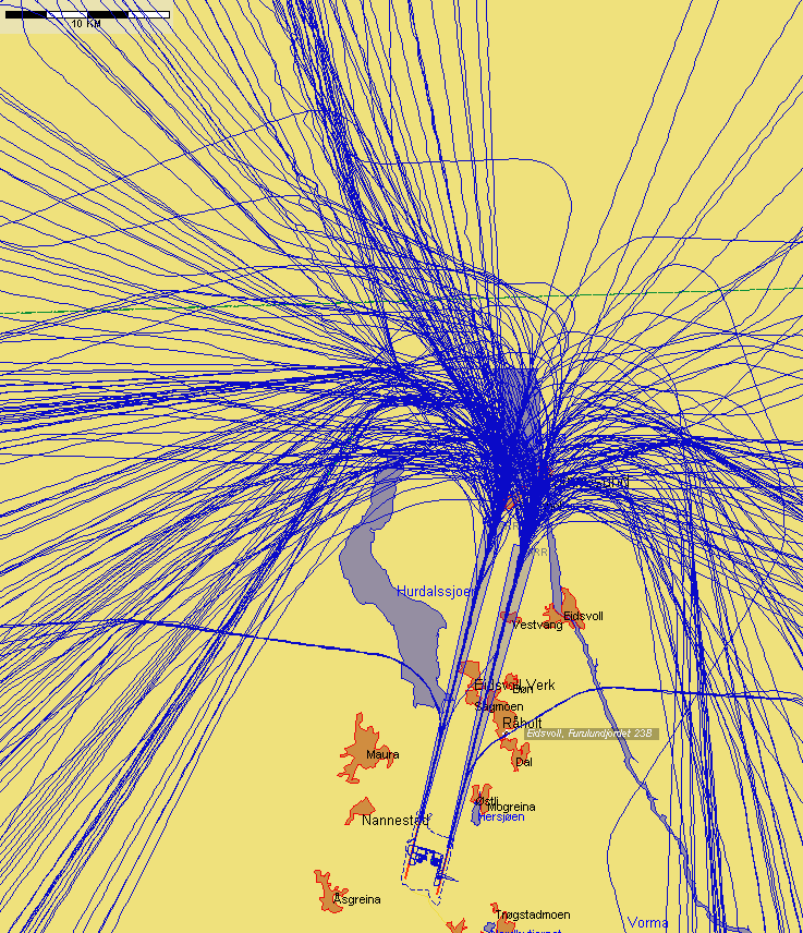 Landinger fra nord med jetfly, eksempeldag med sørlig trafikkretning hele dagen Figur 4. Mandag 3.