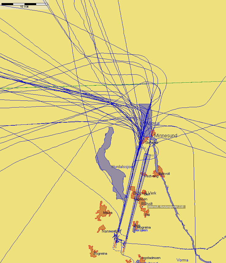 Landinger fra nord med andre flytyper, eksempeldag med sørlig trafikkretning hele dagen Figur 5. Mandag 3.