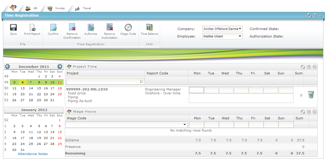 Overview Oversikt The time registration window is divided into two parts.