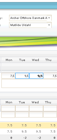 Register Wage Hours Registrere Lønnstimer Wage Hours (Bottom section) In this example we have added two extra hours Tuesday and Wednesday form the last example. Notice that remaining hours shows -2.