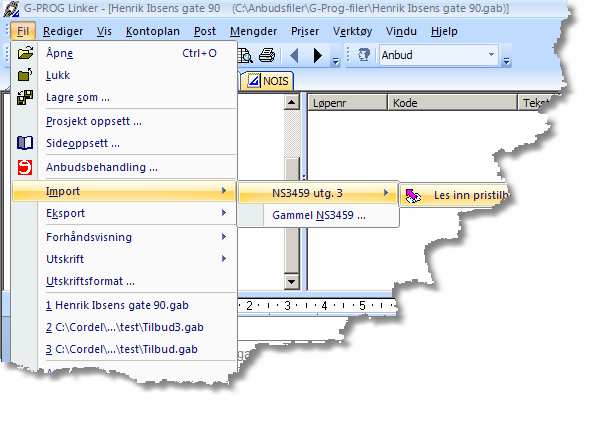 G-prog linker (kontroll, utskrift, eksport) Start G-prog linker og hent inn DET OPPRINNELIGE ANBUDET (.GAB-fila) som beskrevet i starten av punkt 3.