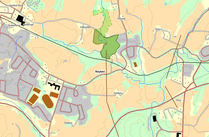 Figur 7. Naturtypelokaliteten Skithegga vises som grønt område langs elva nedstrøms Røyken. Figur 8. Kart fra naturbase.no viser med grønt naturtypelokaliteten Askestad som har fått verdien viktig-b.