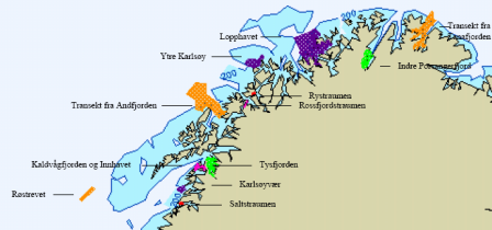 kystområder, oransje = transekter, kysthav og sokkelområder.