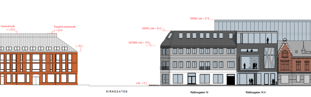 Byggene på hjørnet av Kirkegata og Torvet (Rådhusgata 14 og 14A) er ikke regulert til bevaring i Murbyplanen, og vil i utgangspunktet kunne erstattes med ny bebyggelse med 10 m høy gesimshøyde (ca