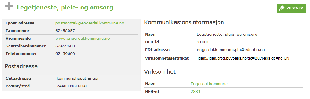 Om man trykker på Vis-knappen til høyre for den enkelte kommunikasjonsparten, får man opp en visning hvor høyre kolonne har all informasjon som skal til for å adressere kommunikasjonsparten, og